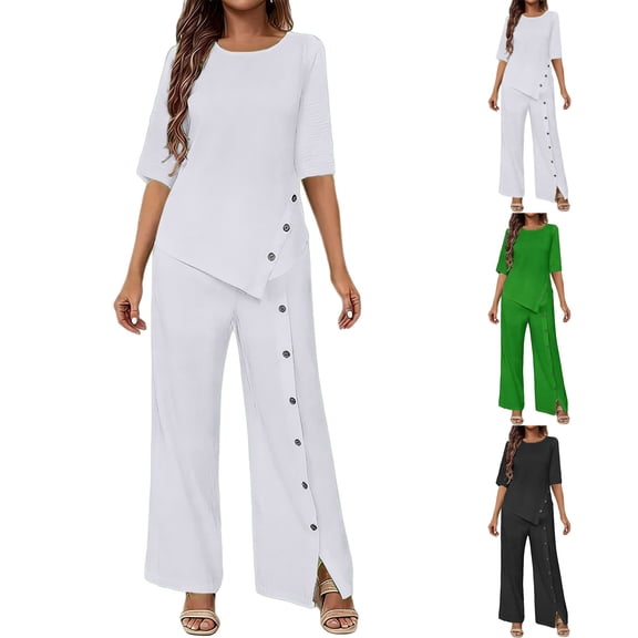 Women's 2 Piece Outfit, Asymmetric Hem Short Sleeve Top and High Waist Wide Leg Pants Set, Casual Matching Sets, Summer Outfits for Women, Vacation and Travel Outfit-Black