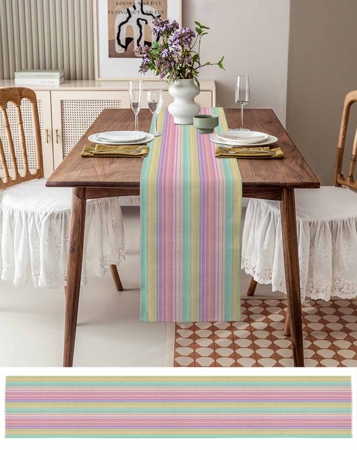 nqOlkjepod Pink Aqua Stripe Table Runner 70 Inches Long Farmhouse Dress Scarves, Yellow Geometric Country Geometric Dining Tablerunner for Coffee Table/Kitchen Island/Party Décor, 13" x 70"