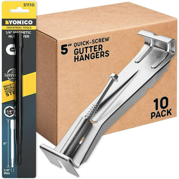 Quick Screw Gutter Hangers 5 Inch- 10 Pack - 5 Inch Gutter Clips with Bonus 6 Inch Drill Bit - Hidden Bracket Clips with Pre-Assembled Screw - Fix Sagging Rain Gutters