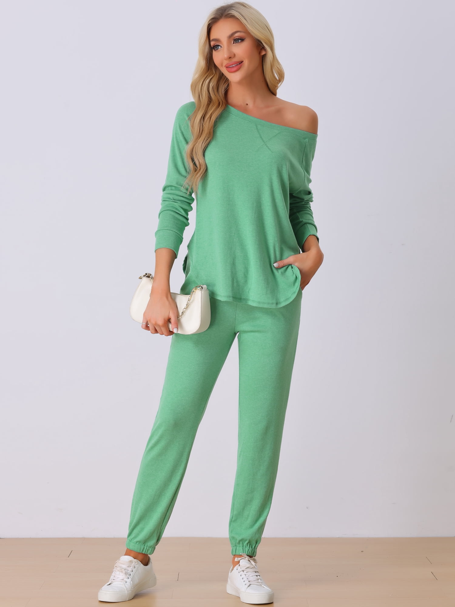 DARING DIVA Women's Travel Outfit Knit Long Sleeve Loungewear Set L Light Green