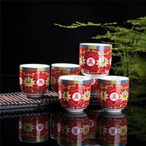 Set Of 6 Eastern Asian Design Ceramic Tea Cups In Red Longevity Symbol - 8 OZ Capacity Each