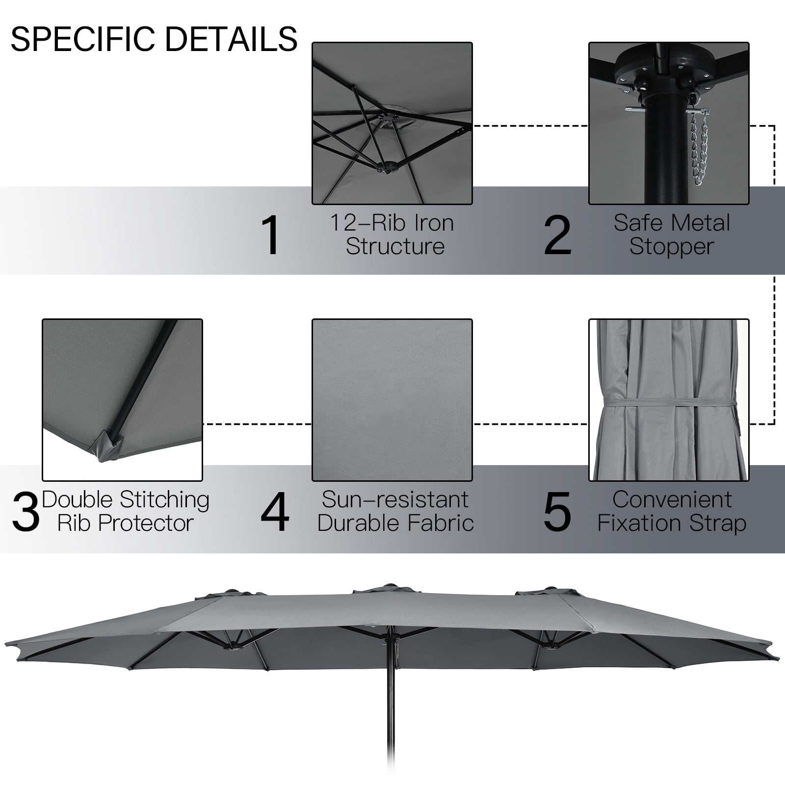 Patiojoy 15FT Double-Sided Twin Patio Umbrella with Base Extra-Large Market Umbrella for Outdoor Gray