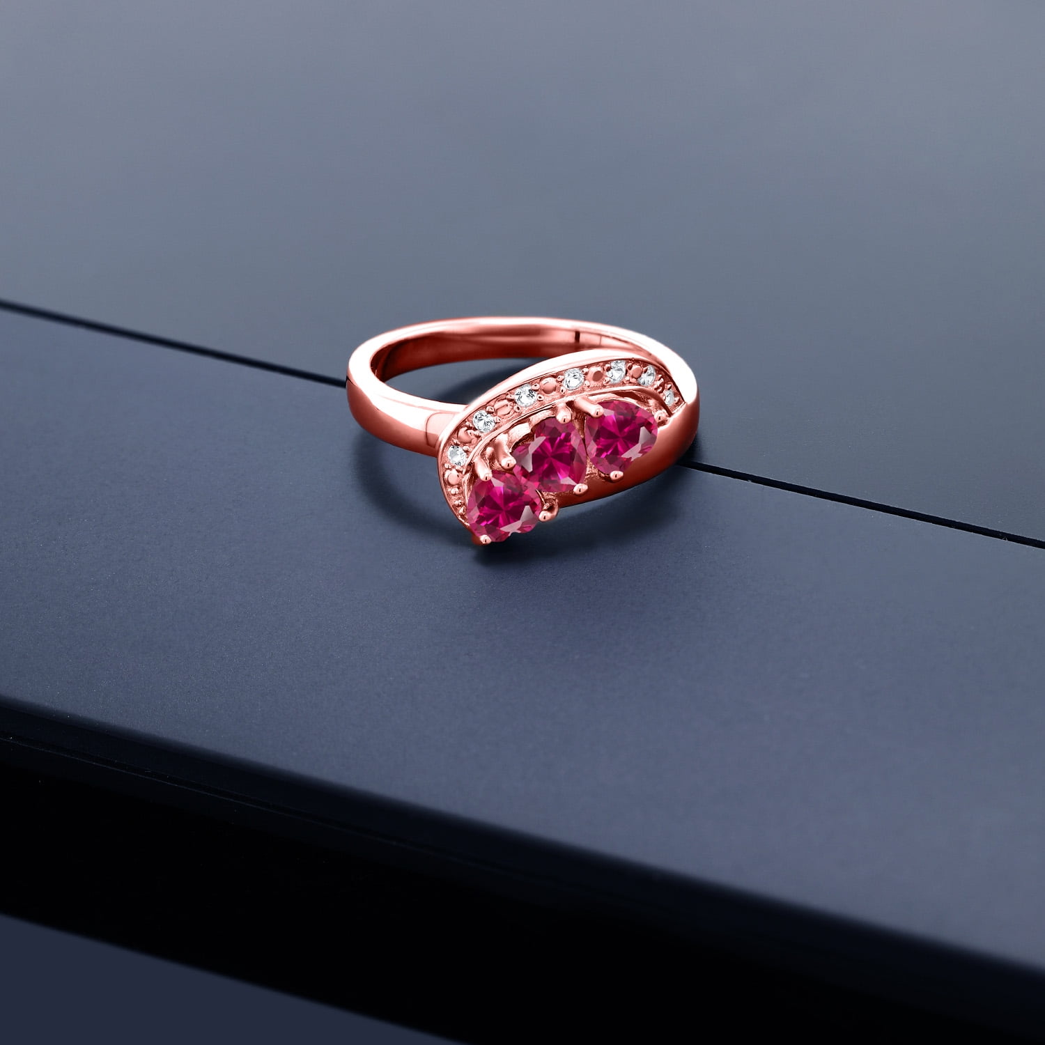 Gem Stone King 18K Rose Gold Plated Silver Red Created Ruby and White Created Sapphire Engagement Ring for Women (0.96 Cttw, Gemstone July Birthstone, Heart Shape 4MM, Size 5)