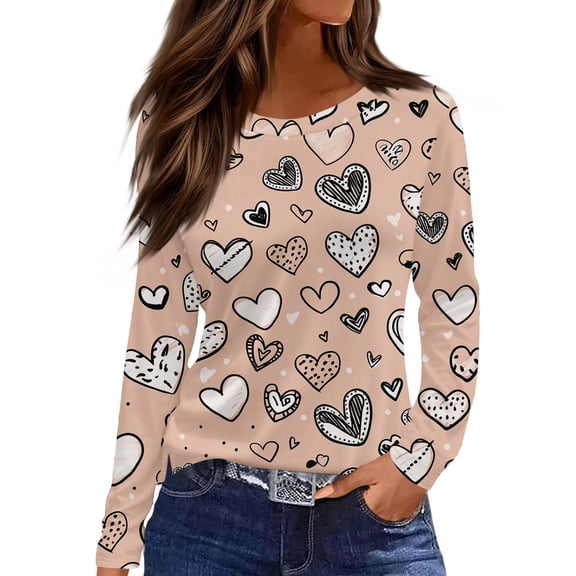 Valentine Day Shirts Womens Crew Neck Long Sleeve Loose Blouse Love Heart Print Summer Spring Graphic Tee Beige S