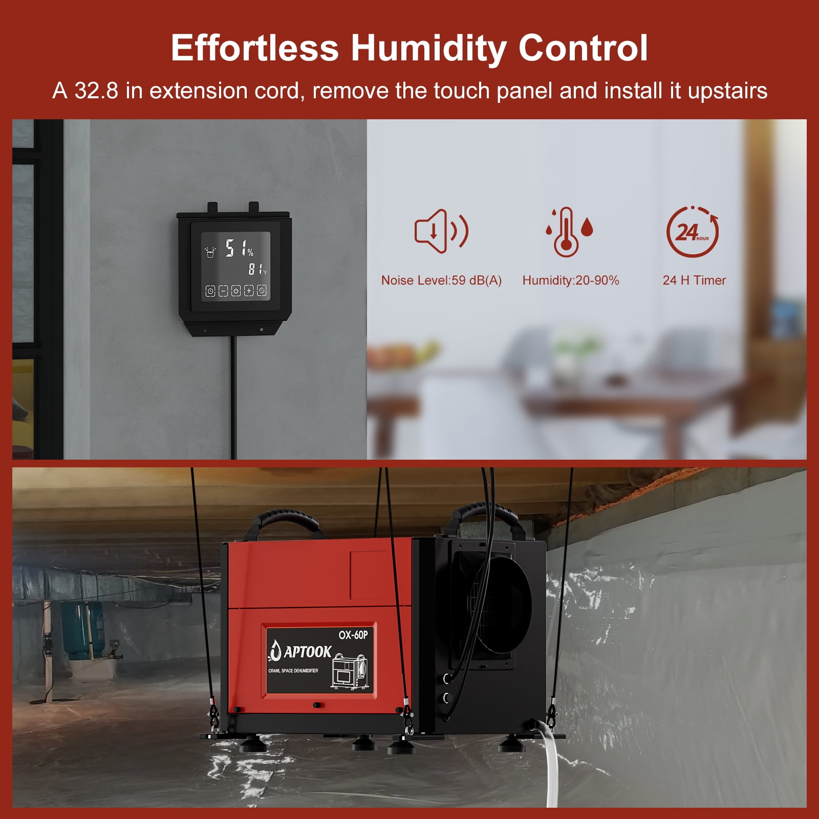 110 Pint Commercial Dehumidifier with Drain Hose for Crawl Spaces, Basements, Industry Water Damage Unit, Large Capacity, Compact, Portable, Auto Defrost, Memory Starting（Red)