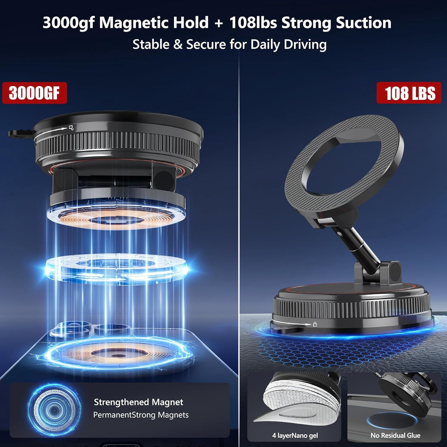 Car Phone Holder Mount, 108LBS Vacuum Suction for MagSafe Car Mount, 3000gf Magnetic 360° Adjustable Carbon Fiber Phone Holders for Your Car for iPhone 17 Pro Ma/17/16/15/14/13/12, Desk & Gym