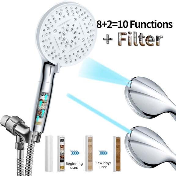Dual Filtered Handheld Shower Heads Combo, 10-Mode High Pressure Rainfall Showerheads Combo Set with Filter, for Hard Water, Removes Chlorine, Improves Skin Hair Condition, Chrome