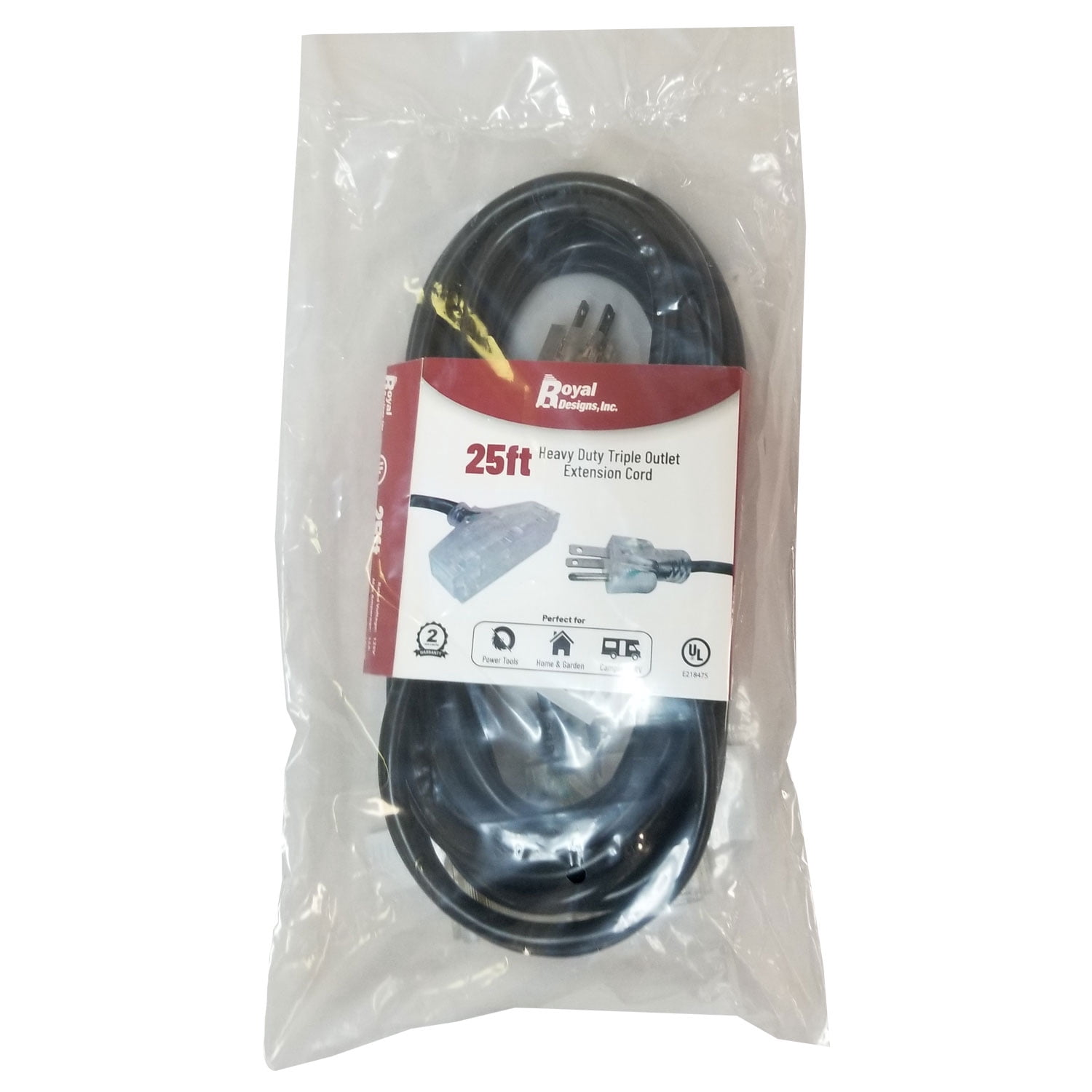 Royal Designs, Inc. Heavy Duty Extension Cord with Indicator light for Indoor & Outdoor, 25 ft long, Black, 3 Outlet Prong Grounded Wire UL Listed