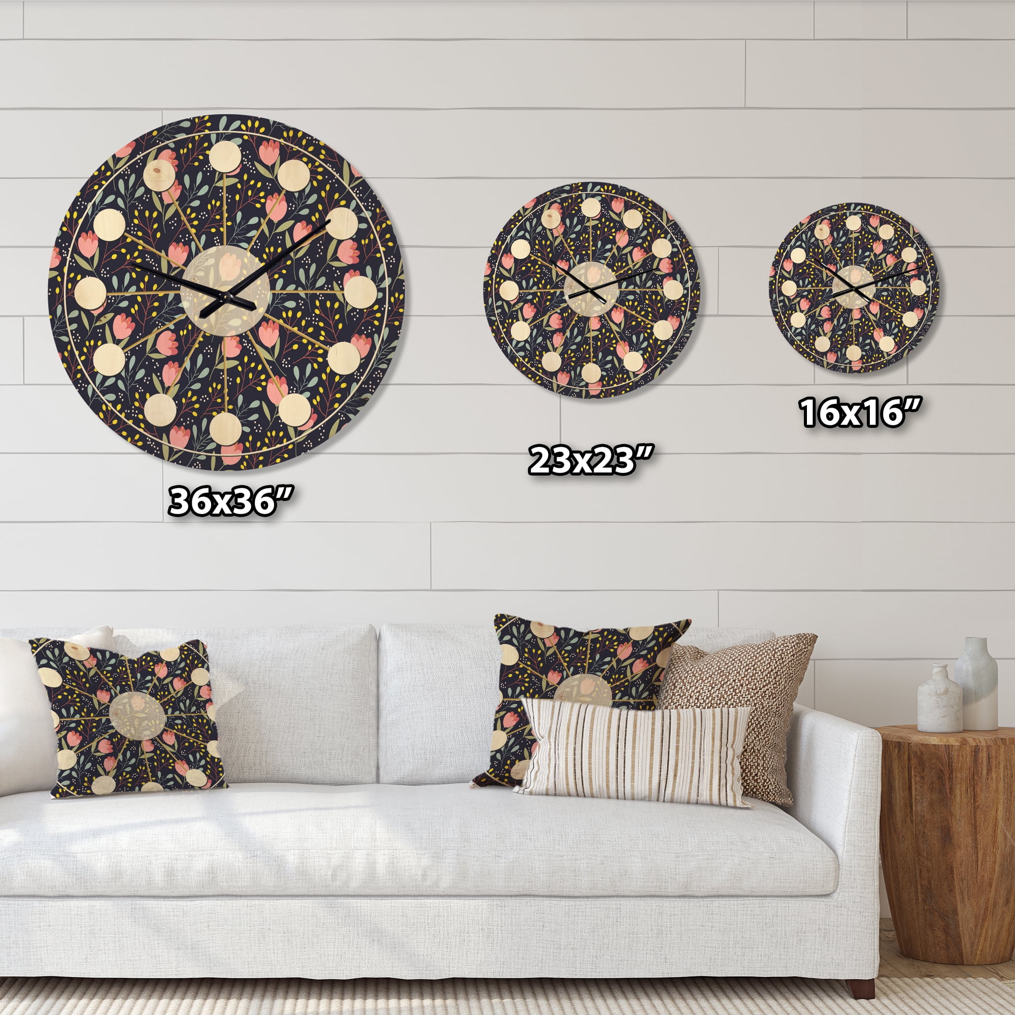 Designart 'Pink Flowers With Leaves' Mid-Century Modern Wood Wall Clock