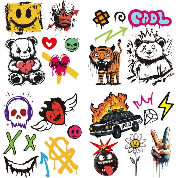 4 Pcs Graffiti Style Iron on Decals Patches Graffiti Bear Heart Face Heat Transfer Stickers PET Washable Patches for DIY Clothes Hat Jeans Jacket Decor 9.05 inch(23cm) Long
