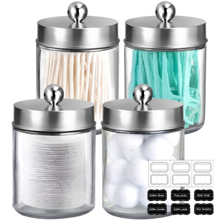 Glass Apothecary Jar Qtip Holder Metal Lids 4pc| Bathroom Decor Countertop Vanity Storage Organizer Set for q tip holder Cotton Swabs/Rounds Makeup Sponges Cute Stickers