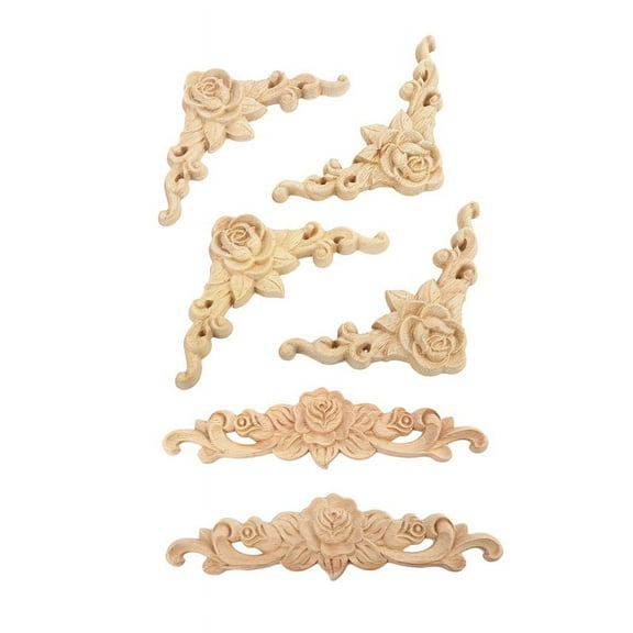 12 Pcs Wood Carved Long Onlay Applique Unpainted Rose Flower Door Home Decor European Style, 2Pcs 20x5Cm & 10Pcs 8x8Cm,12 * woodcarving decals,Wood Color