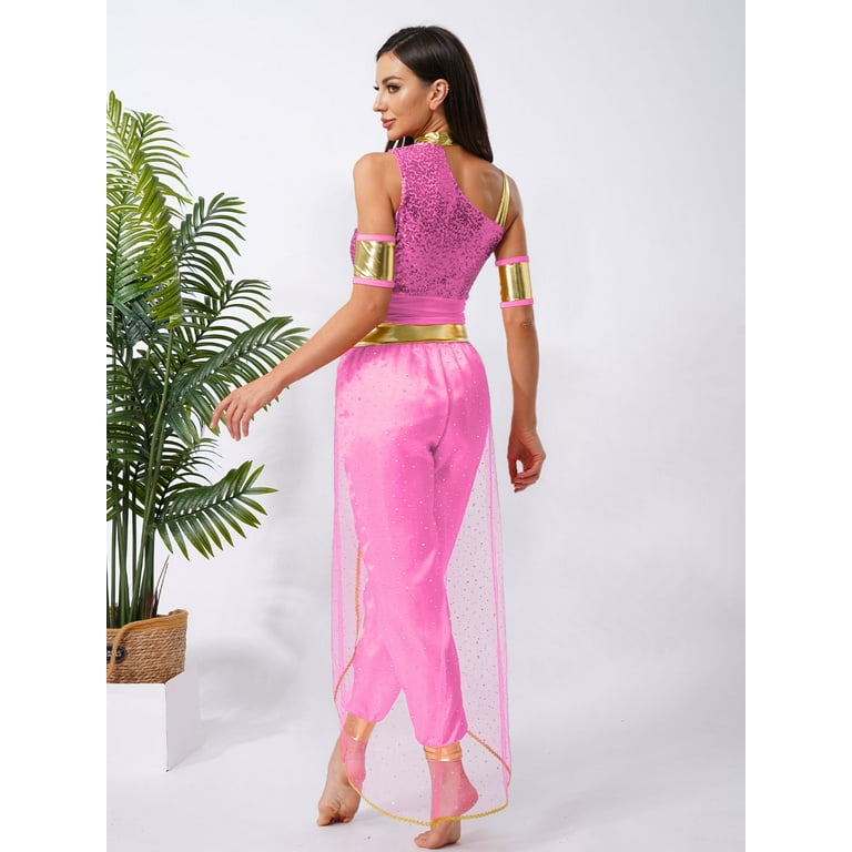 Aislor Women's Arabian Princess Belly Dance Costume Gem Decor Shiny Tulle Overlay Jumpsuit for Party Hot Pink 4XL, Red Aislor Women's Arabian Princess Belly Dance Costume Gem Decor Shiny Tulle Overlay Jumpsuit for Party Hot Pink 4XL, Red