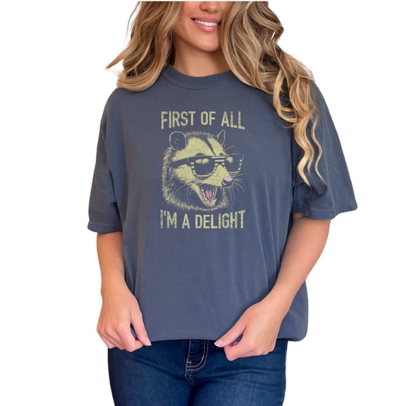 Funny Raccoon T-Shirt, First Of All I'm A Delight Shirt, Cute Animal Graphic Tee, Humorous Novelty Gift, Adorable Creature Apparel, Denim Comfort Colors T-Shirt, Small