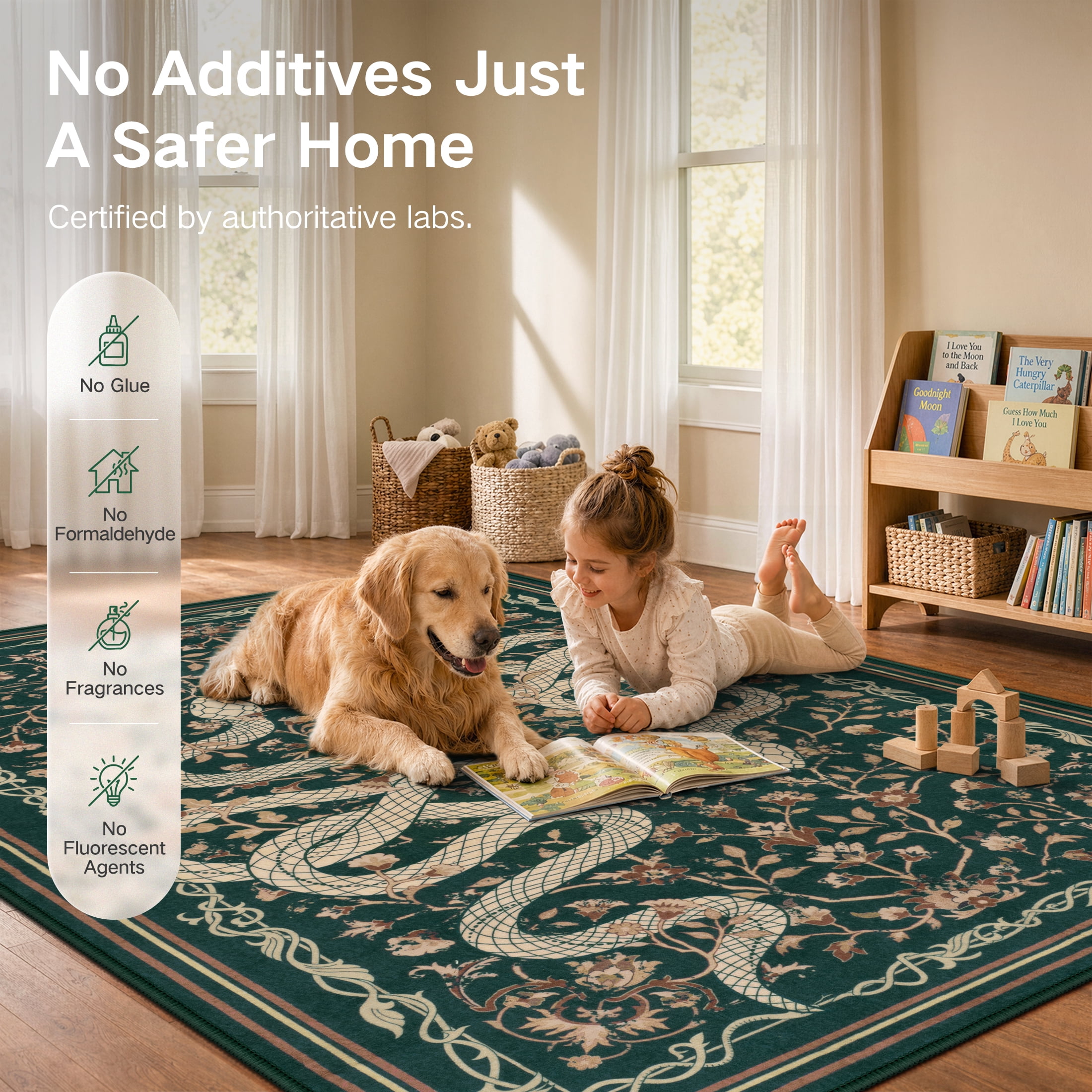 Moynesa Vintage Snake 8'x10' Large Area Rug for Living Room, Washable Green Floral Rug Cottage Botanical Accent Carpet for Bedroom Dining Room Sunroom Non Slip Stain Resistant Low Pile