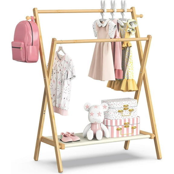 Kids Clothing Rack, Small Clothes Rack for Toddler Pets, Kids Dress Up Rack with Storage Shelf & Double Rods, Foldable Kids Clothes Rack for Nursery Child's Room (Regular Size)