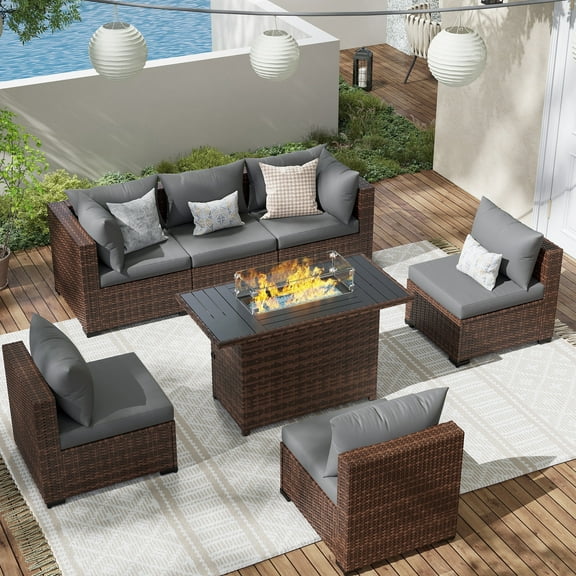 ELPOSUN Patio Furniture Set, Outdoor Patio Furniture Wicker Sectional Furniture Couch Set, 7 Pieces Outdoor Sectional Sofa with Fire Pit Table, Outdoor Patio Set for Outdoor Furniture (Grey)