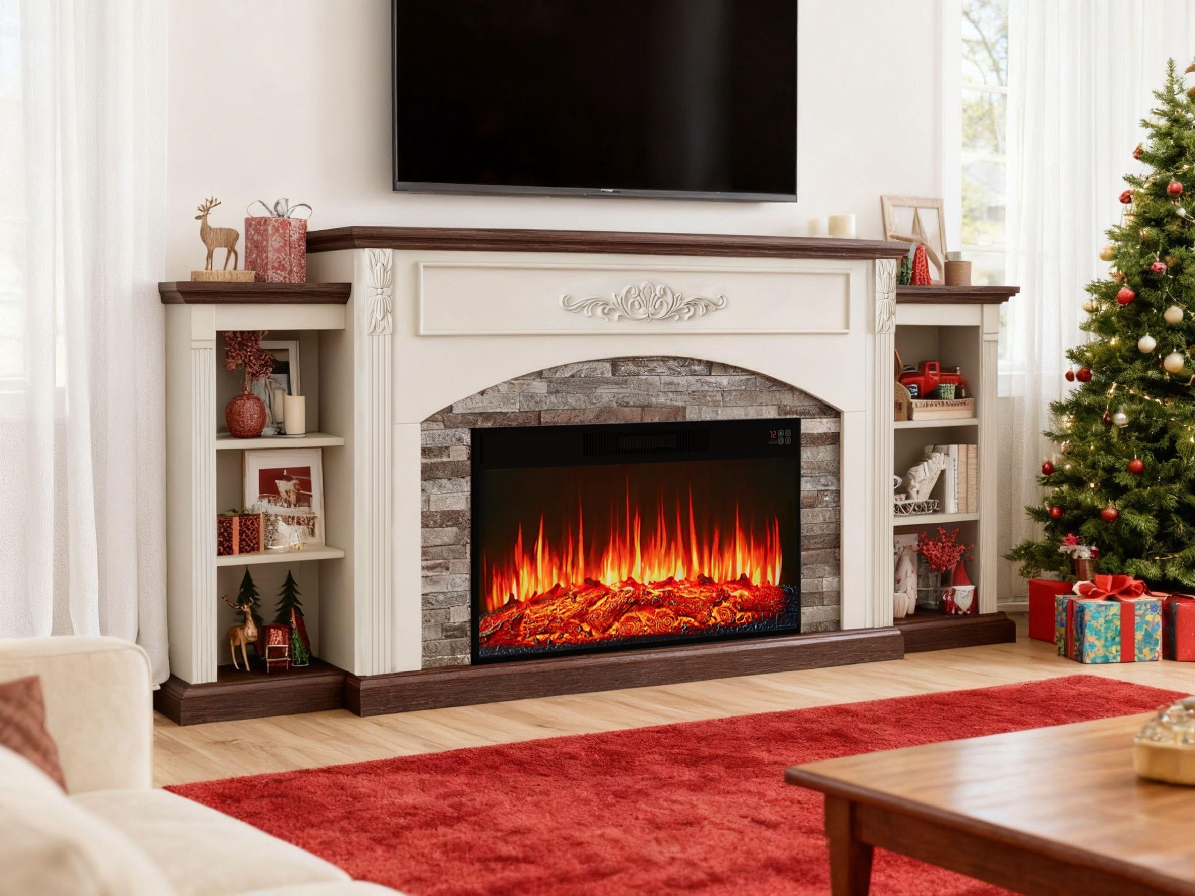 BOSHIRO 80" Electric Fireplace with Mantel and Cabinets, Fireplace TV Stand for Living Room Bedroom