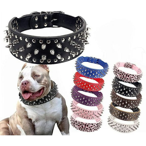 Hoot PU Leather Adjustable Spiked Studded Dog Collar 2" Wide 25 Spikes (XS(Neck 15"-18"), Black)