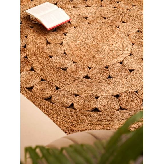 HAND WOVEN JUTE ECO-FRIENDLY AREA RUGS - 4'x4', Round Shape, Beige Color, Oriental Pattern, High Pile, Natural Fiber, Outdoor Indoor Handmade Area Rugs for Living Room, Bed Room (J00004)