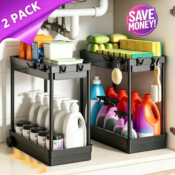 Kisportee 2 Pack Under Sink Organizer, 2 Tier Sliding Bathroom Cabinet Organizer with 4 Wheels and 8 Hooks, Large Capacity Storage Drawer, Multi-Purpose Kitchen Organizer and Storage, Black