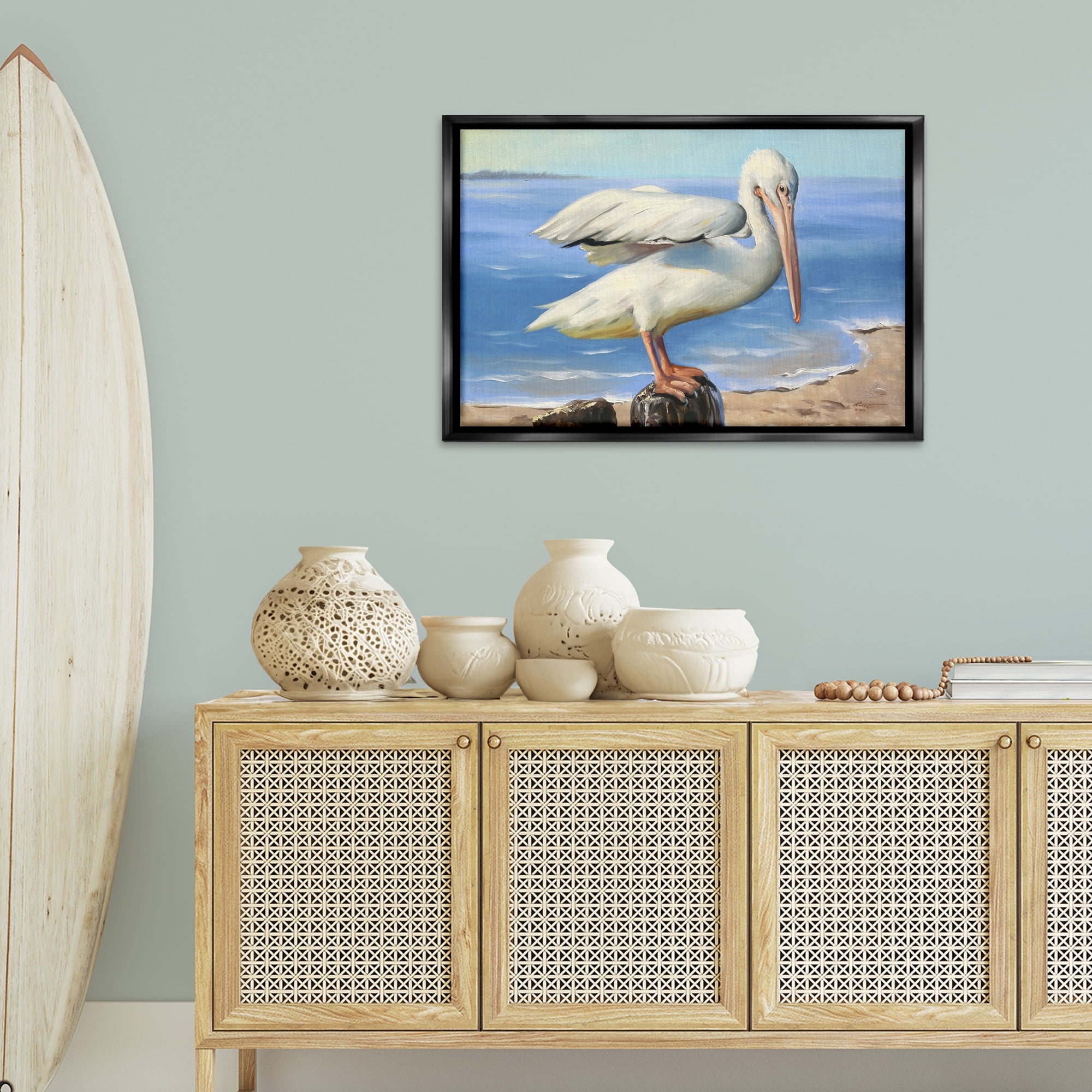 Stupell Industries Beach Scene Pelican Animals & Insects Painting Black Floater Framed Canvas Art Print Wall Art, 31 x 21