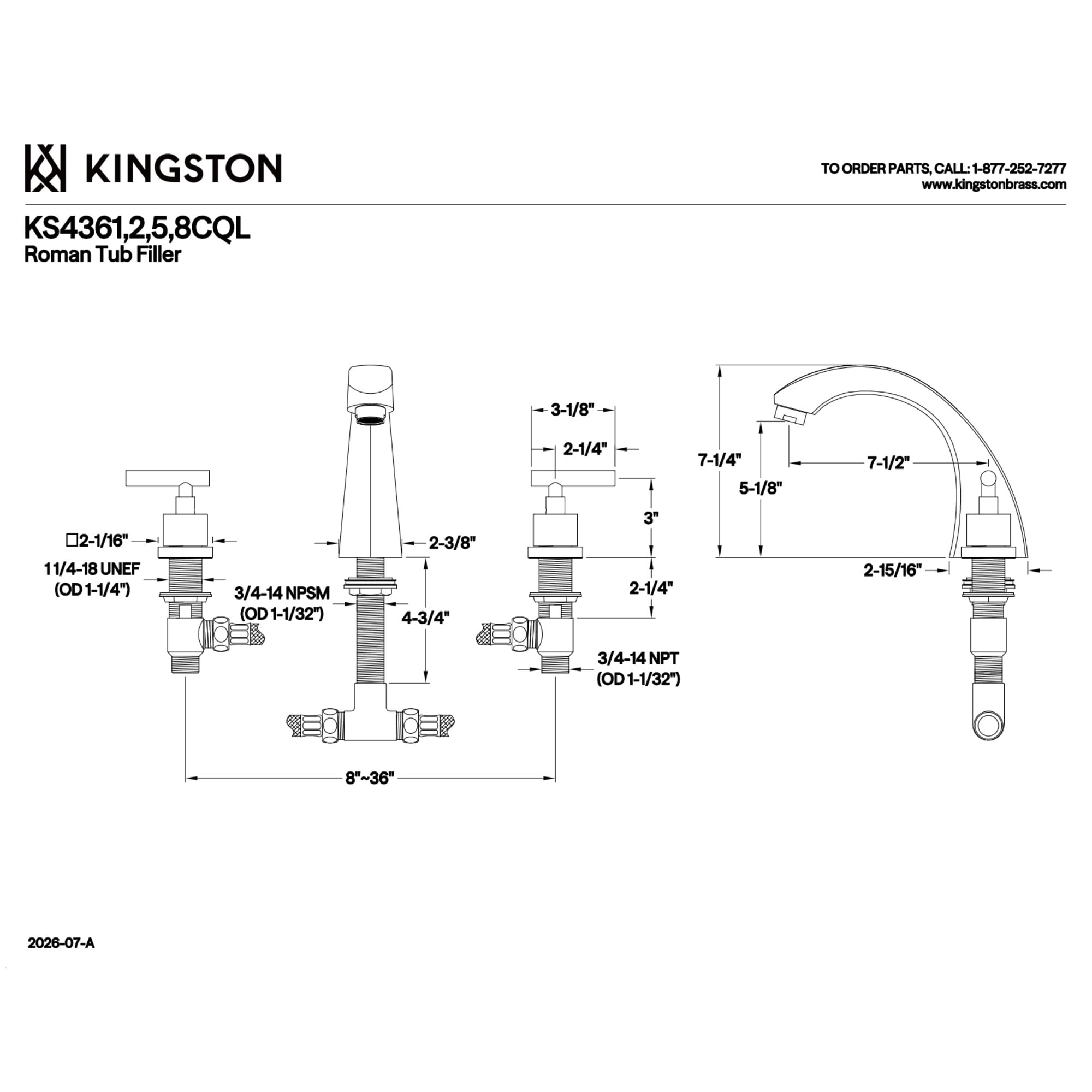 Kingston Brass KS4361CQL Concord Two-Handle 3-Hole Deck Mount Roman Tub Faucet in Polished Chrome