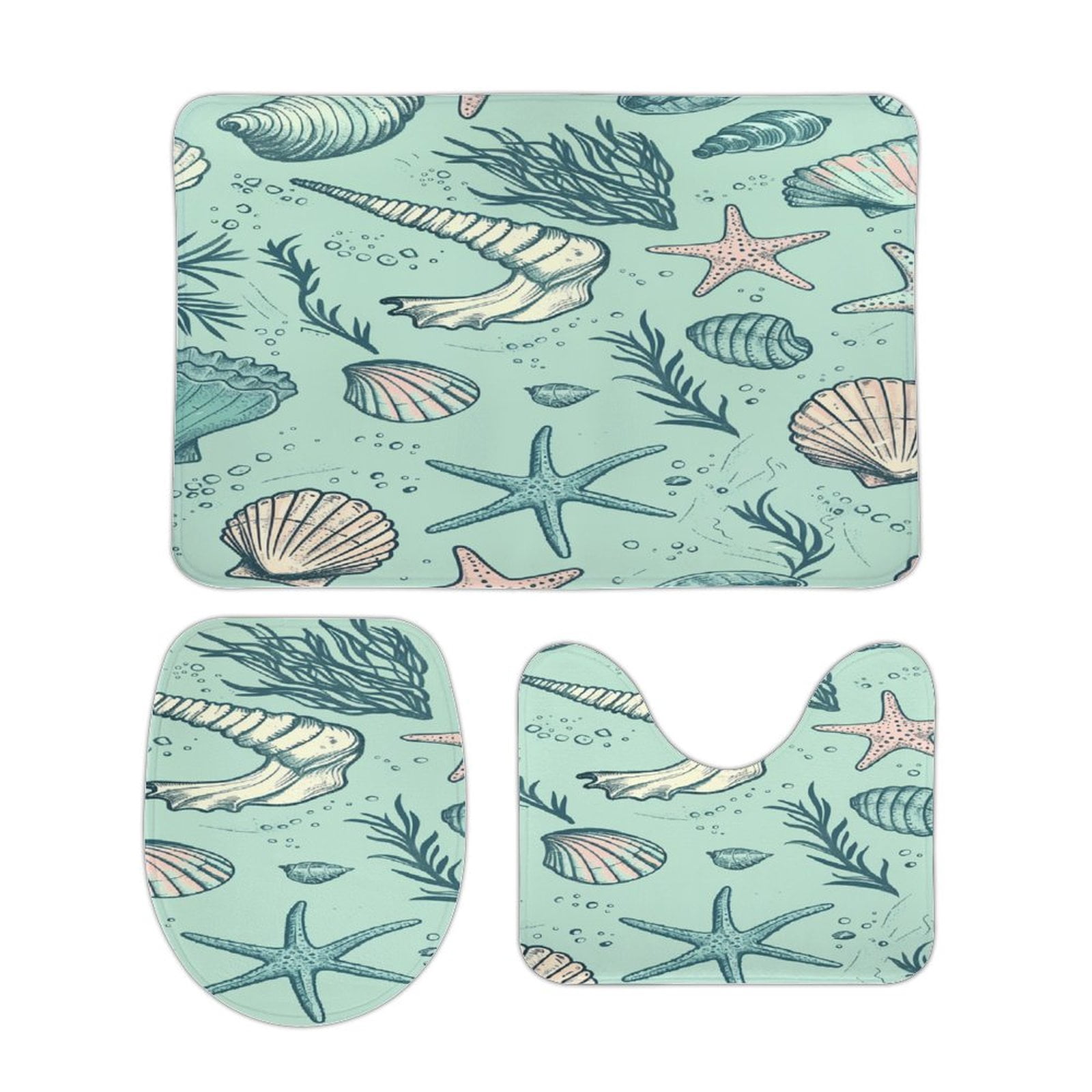 Beach Seashell Starfish Bathroom Mats Set of 3 Pieces，Non Slip Non Slip Mats, Washable Mats, Decorative Carpets for Bathrooms, Kitchens, And Bedrooms.