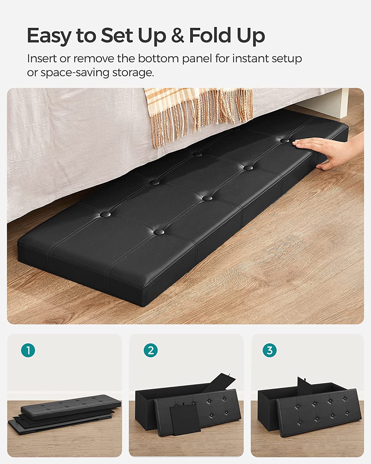 Songmics 43" Storage Ottoman Bench, Black Faux Leather photo 3