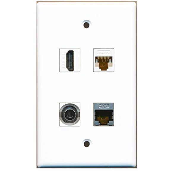 RiteAV - 1 Port HDMI 1 Port Shielded Cat6 Ethernet 1 Port 3.5mm 1 Port Cat6 Ethernet White Wall Plate