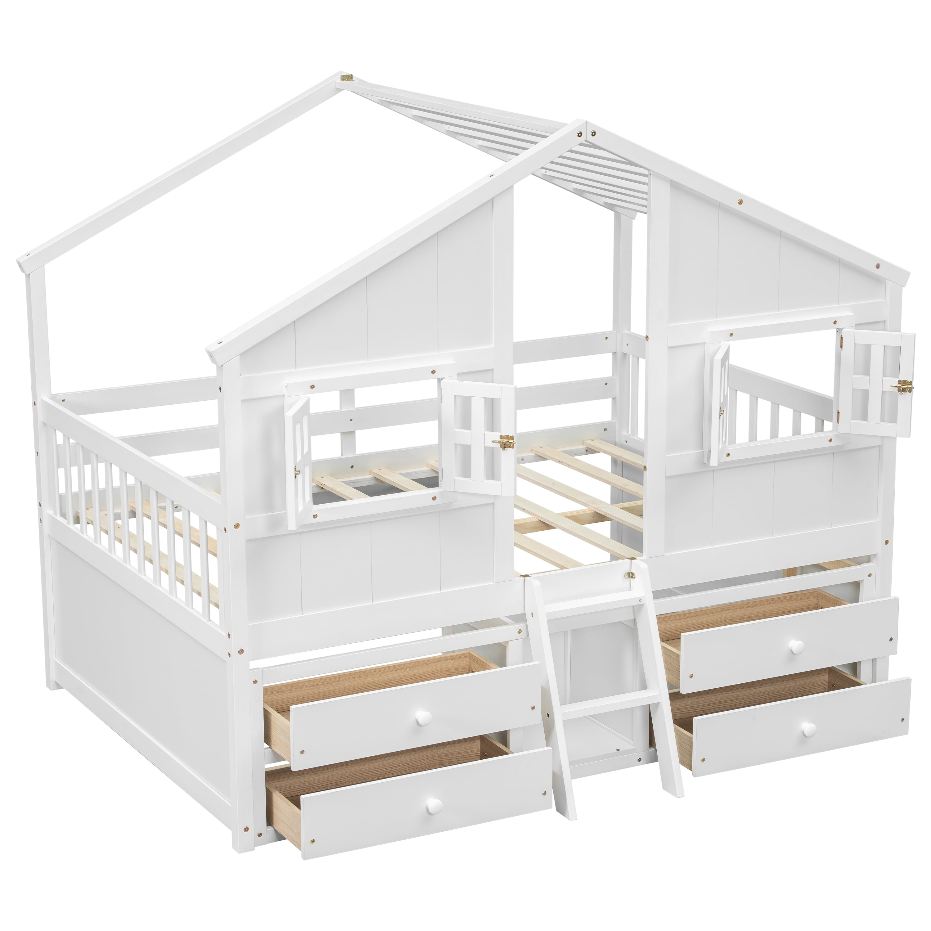 Aukfa Full Size House Bed Frame with 4 Storage Drawers, Wood Low Loft Playhouse Bed with Roof and Fence for Kids, Boys, Girls, and Teens, White
