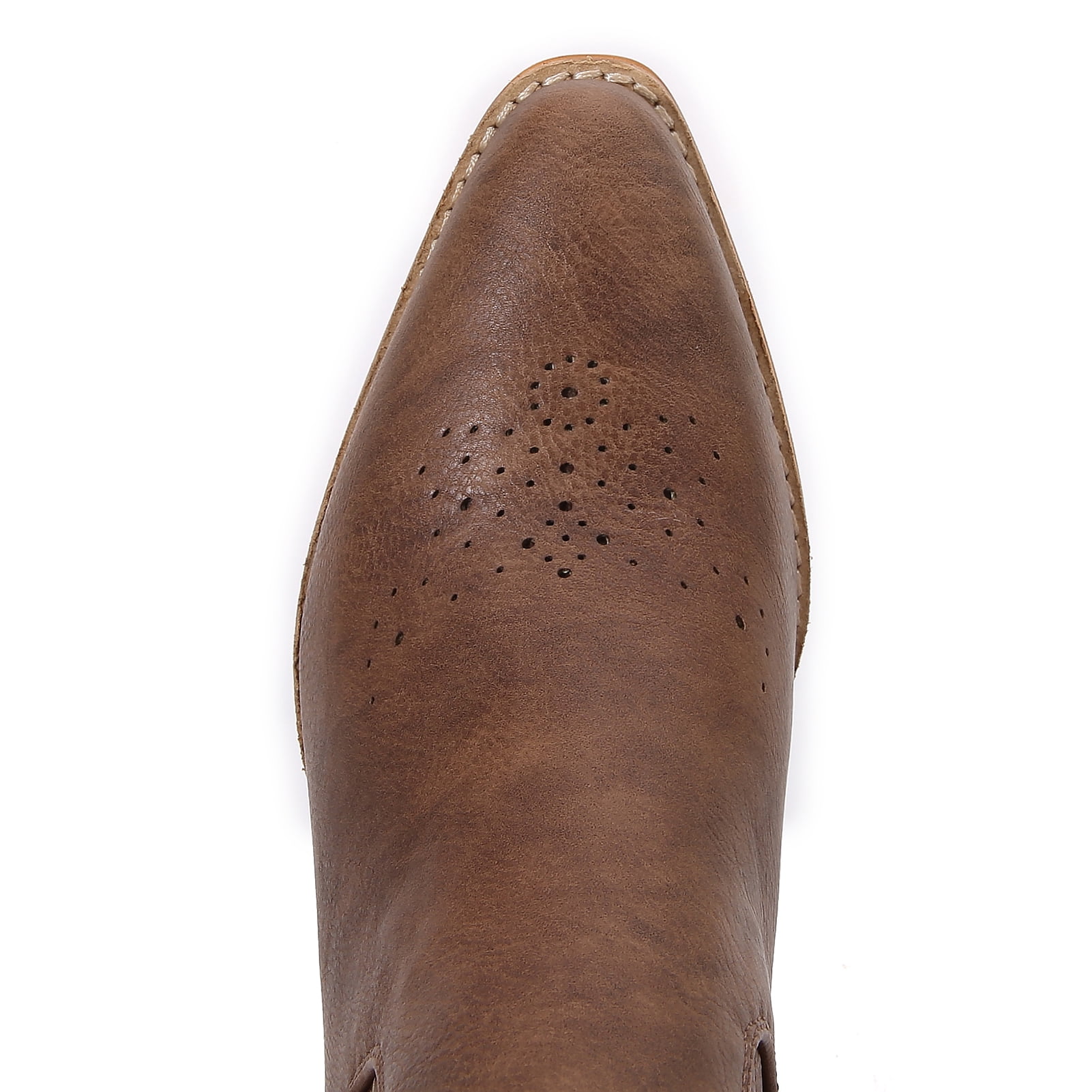 Women PU Leather Perforated Front Stacked Heel Ankle Boots with Elastic Side Gussets (Brown / 10)
