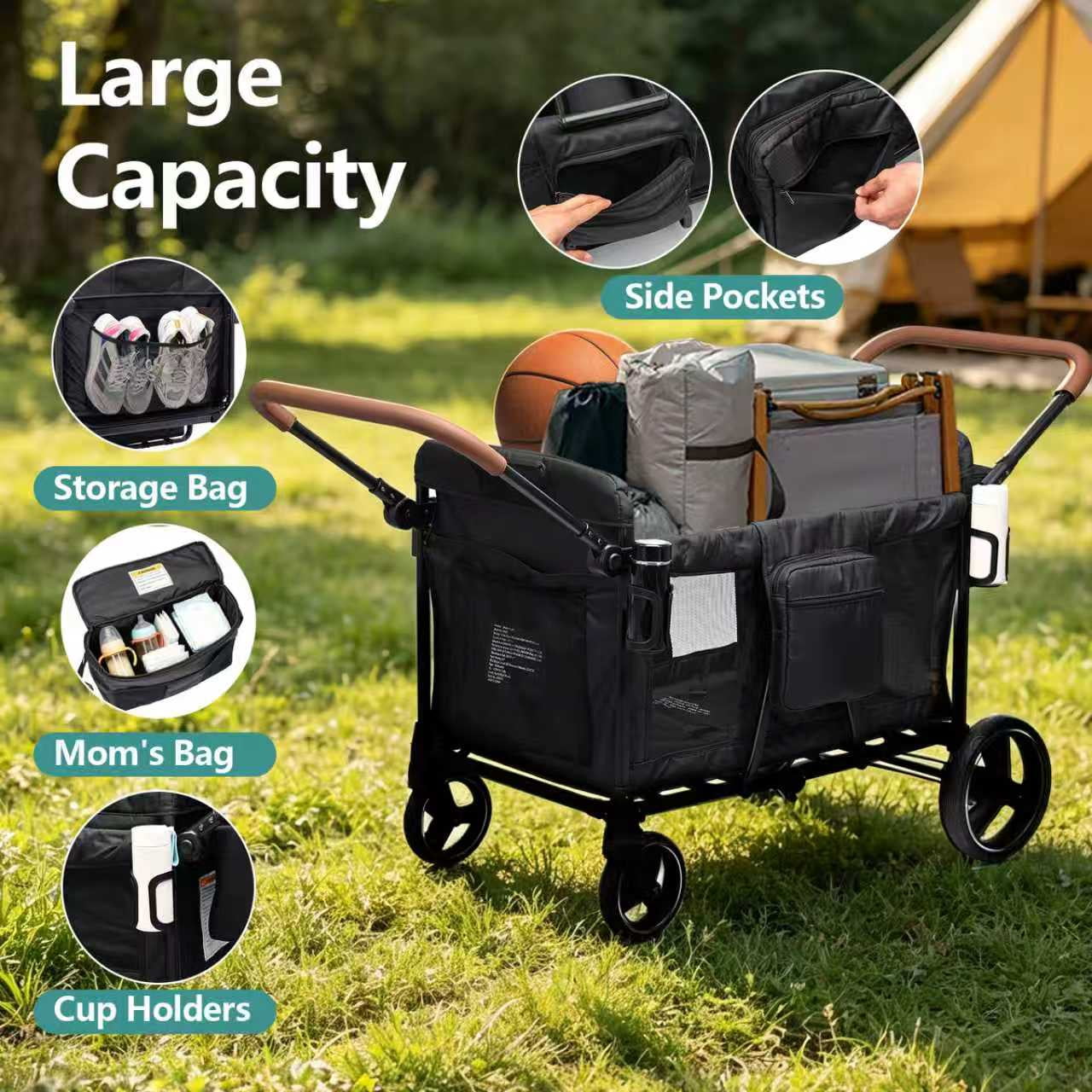 Stroller Wagon for 4 Kids, Premium High-Leg 4-Seater Push Pull Wagon with 2 Removable Seats, 5-Point Harnesses, Adjustable Canopy, Mosquito Net,Snack Tray, Storage, Easy Fold for Travel Camping