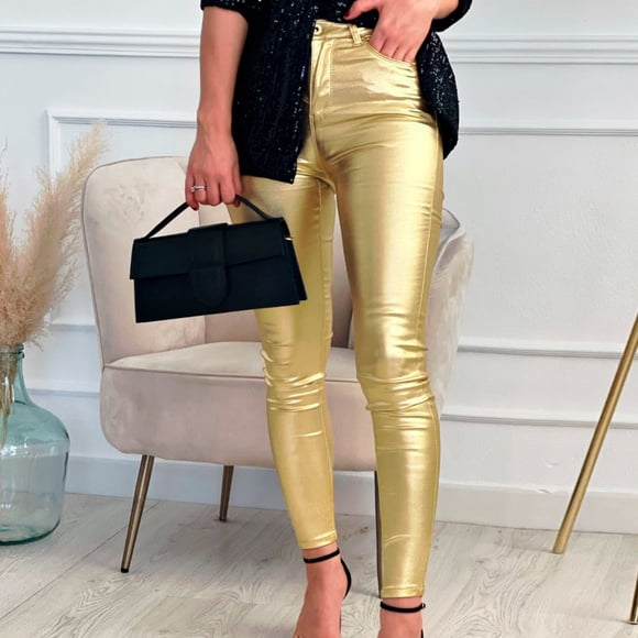 Gold Sweatpants Women's Sexy Mid Waist Faux Leather Leggings Stretch Leather Pleather Pants