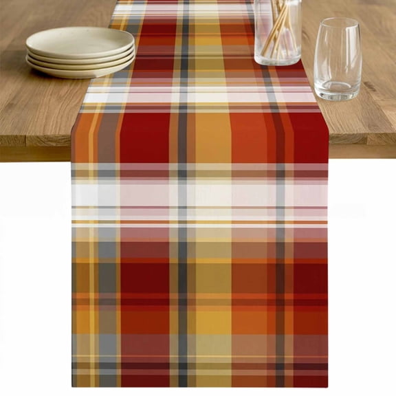 Tartan Plaid Table Runner - 72 Inch Long Orange Red Autumn Gingham Vintage Check Cotton and Linen Blended Dress Scarves Farmhouse Table Runner for Kitchen Dining, Coffee Table, 13" x 72"