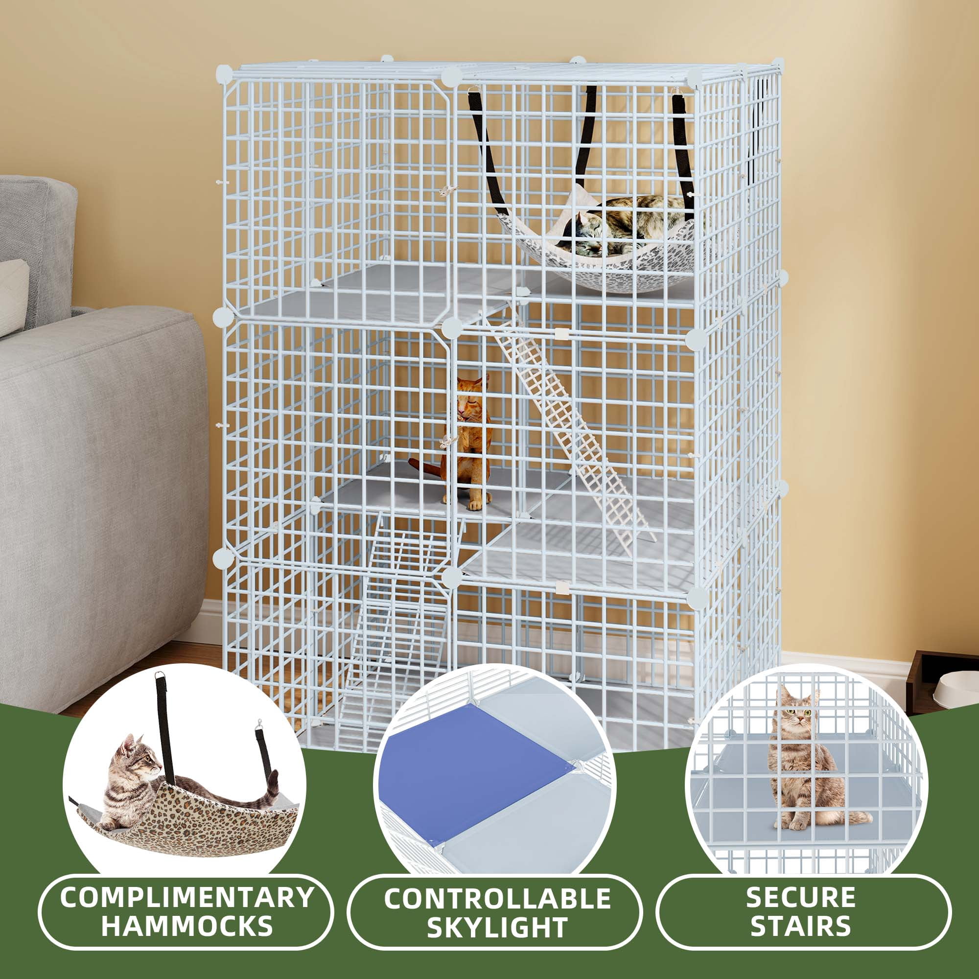 Uforic 41" Large 3-Tier Cat Cage with Extra Large Hammock - Indoor Metal Playpen for 1-2 Cats, White