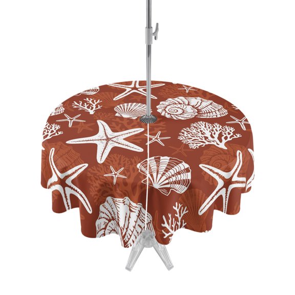 Outdoor Tablecloths with Umbrella Hole & Zipper, Starfish Red Coastal Round Tablecloths 60 Inch, Summer Nautical Shell Beach Waterproof Table Cloth, Patio/Pool/Picnic Table Covers