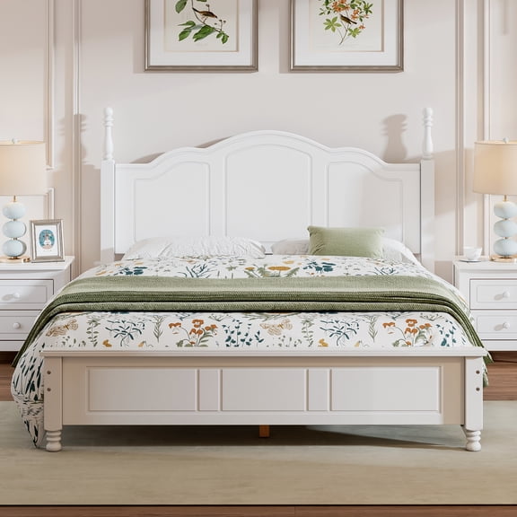 Mintazer Retro Queen Platform Bed Frame with Curved Headboard for Bedroom Guest Room, No Box Spring Needed, White