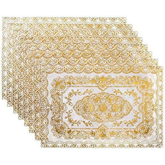 Sana Enterprises Vinyl Lace Placemats, Gold Metallic, Reusable and Washable, Set of 8, 12 x 18 Inch
