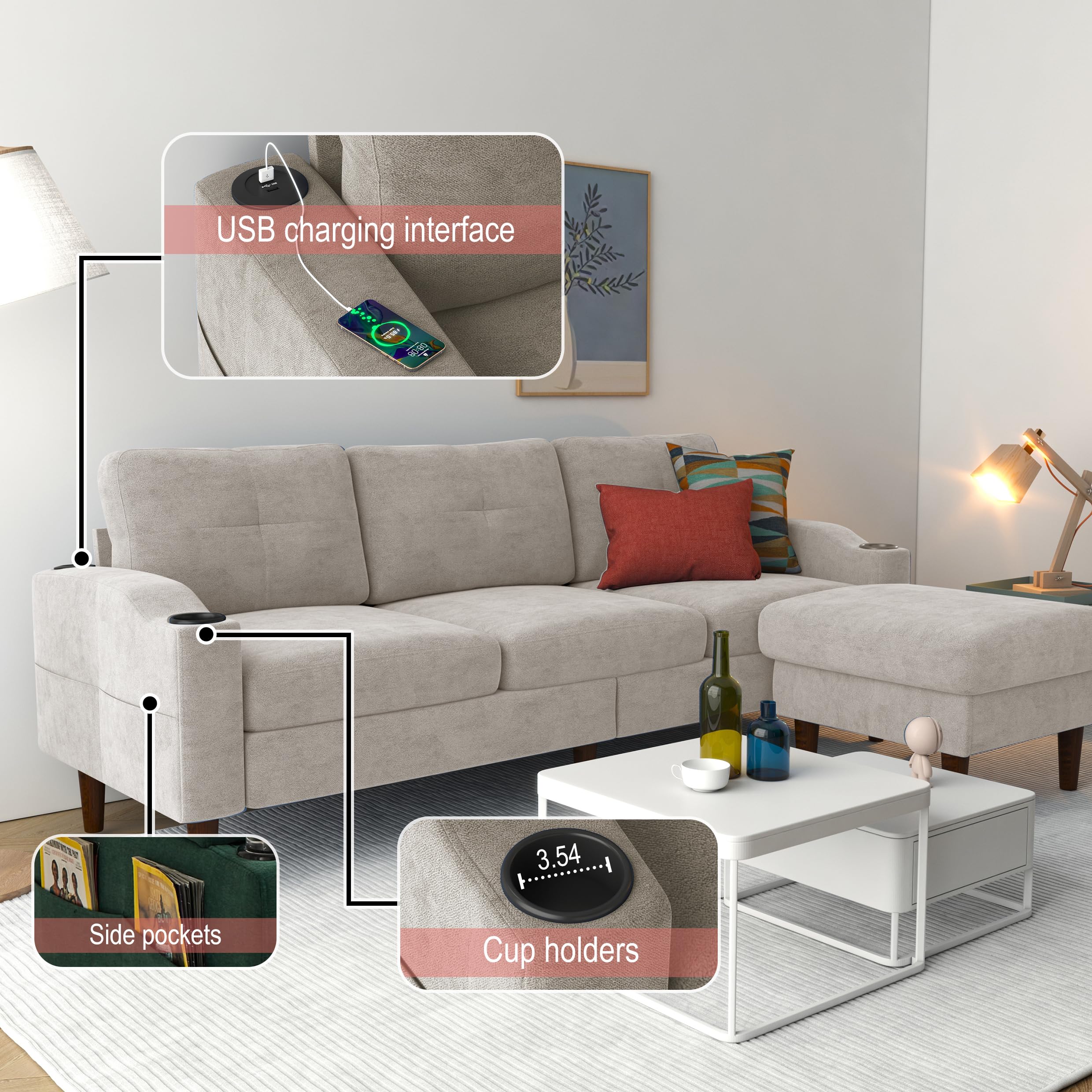 Aukfa Modular L-Shaped 3-Seater Sectional Sofa with Storage Ottoman, USB Ports and Cup Holders, 78" Couch for Living Room, Beige