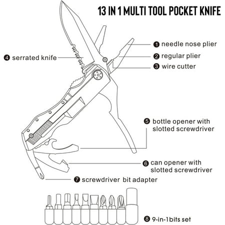 Multitool Knife Pocket Knife 13 in 1 Multi tool Folding Utility Plier Bottle Opener Saw Screwdrivers Bottle Opener for Camping Survival Hunting Fishing Hiking Gifts for Men Dad