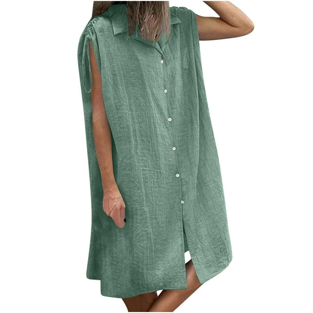 Robe Femme Plissée Couleur Unie Col en V/col Rond Jupe Ligne A Robe Sans Manches Robe d'Été Décontractée pour Femme à Manches Courtes Col Rond Chemise de Nuit,Maison,Plage,Vêtements d'Extérieur Robes Grande Taille pour Femmes