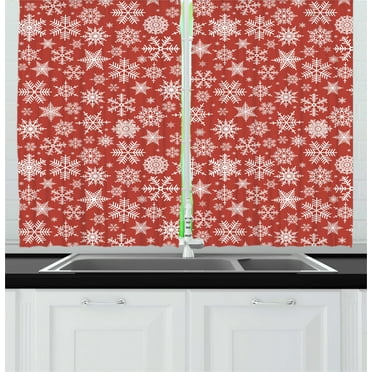 Ambesonne Holiday Kitchen Curtains, Christmas Snowflakes Winter, 55"x39", White and Vermilion