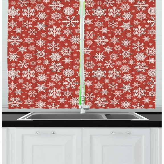 Ambesonne Holiday Kitchen Curtains, Christmas Snowflakes Winter, 55"x39", White and Vermilion