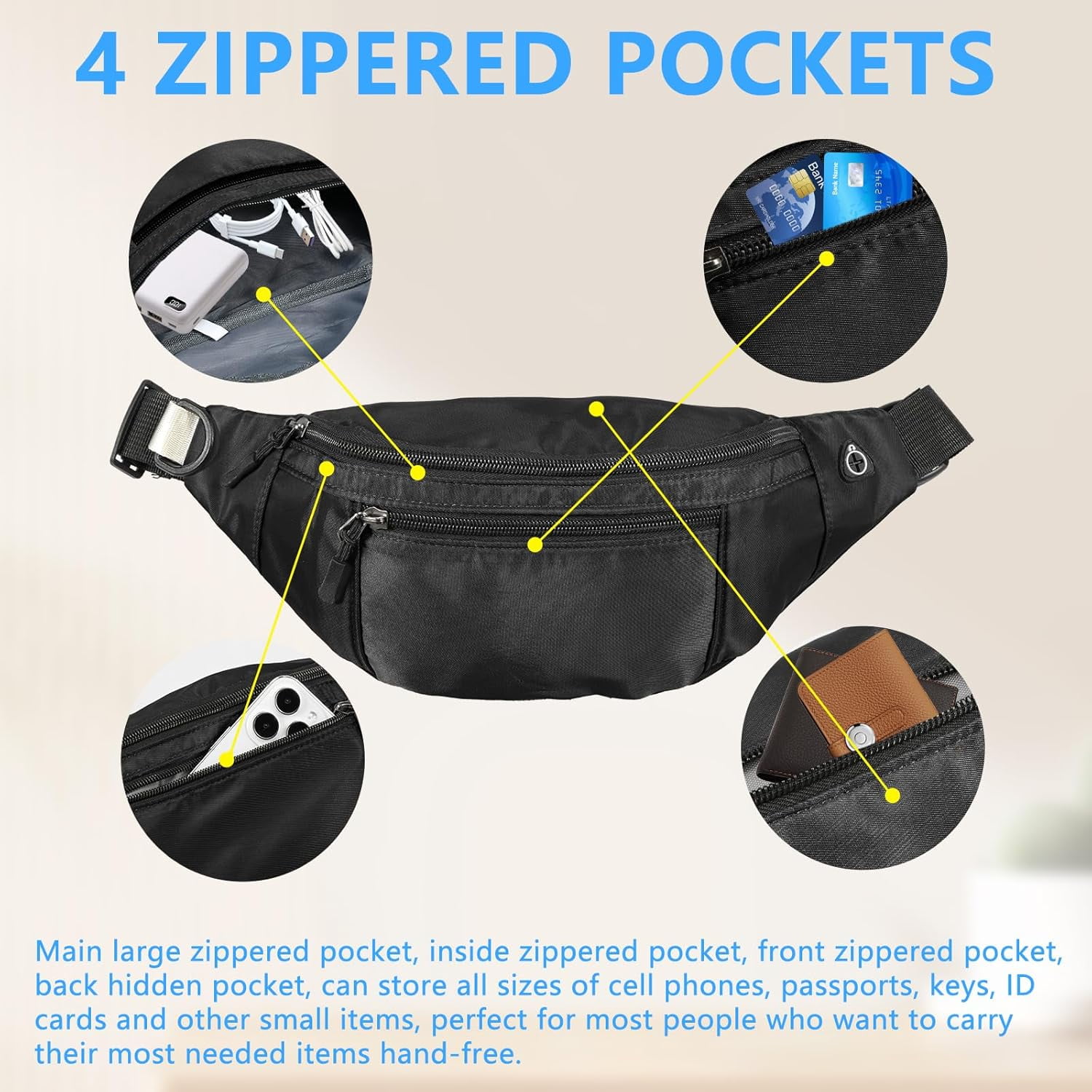 Kwuty 10PCS Crossbody Fanny Pack Large Capacity Waist Bag with Hidden Zipper Pockets Adjustable Strap Fanny Packs Waterproof Oxford Cloth Travel Belt Bag for Outdoor Shopping Travel Men Women,Black