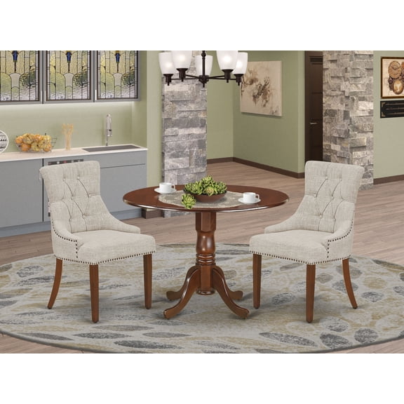 DLFR3-MAH-05 3Pc Dinette Set Includes a Rounded Kitchen Table with Drop Leaves and Two Parson Chairs with Doeskin Fabric, Mahogany Finish