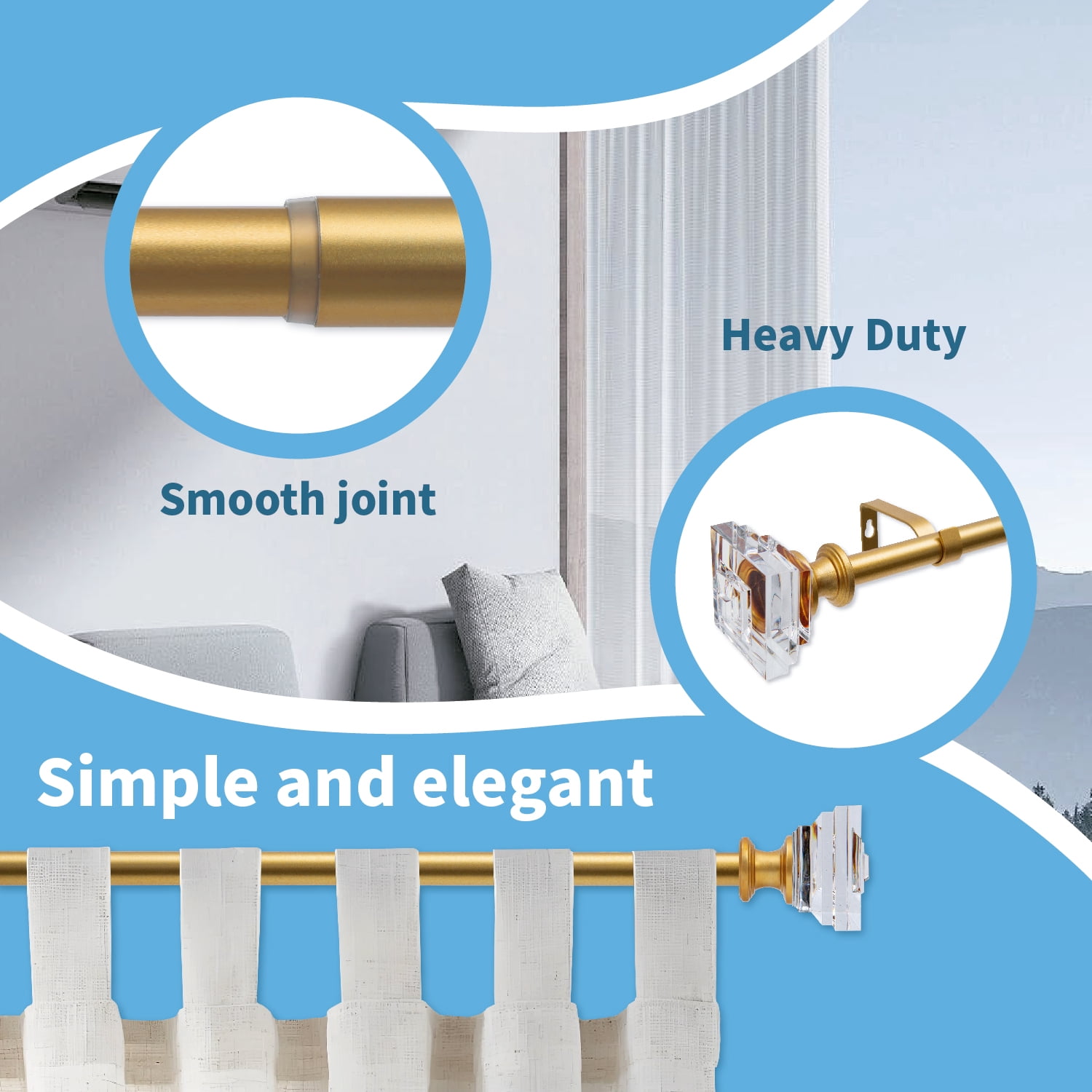 Curtain Rod Adjustable Window Drapery Rods with clear acrylic plexiglass square finials, 3piece brackets, hardware kits. Gold 28-48 inches.