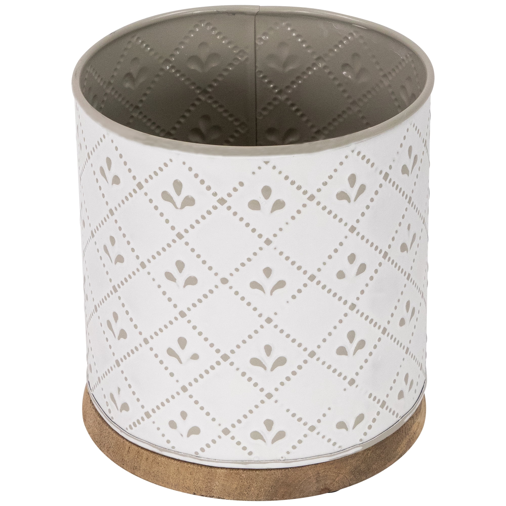 Northlight 6.5" White Round Embossed Utensil Storage Container with Wooden Base