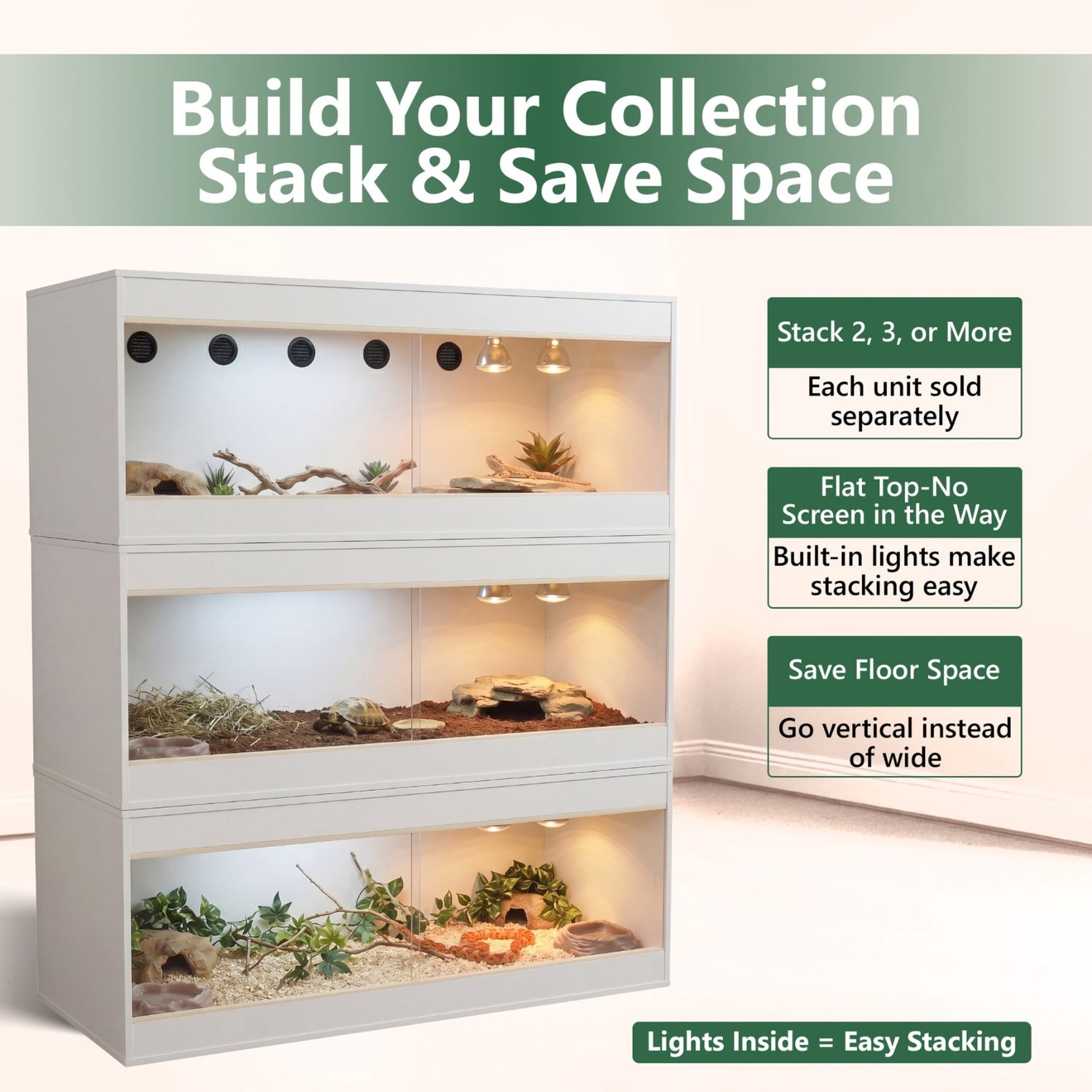 Crawl Creations 180 Gallon Reptile Enclosure, Made in USA 72" x 24" x 24" Bearded Dragon Tank with Sliding Glass Doors, Large Terrarium for Leopard Geckos, Snakes, Lizards & Tortoises - Glacier White