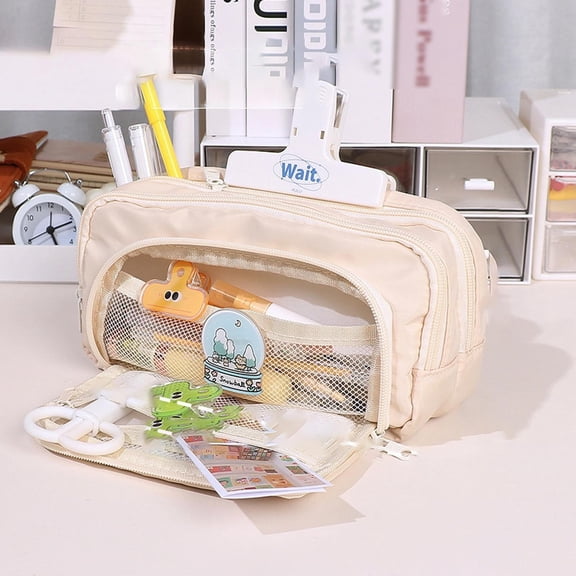 FURNIX Large Pencil Case,Aesthetic Pencil Pouch With 3 Compartments,Lovely Colored Pencil Bag,Stationery Organizer Holder Storage,Aesthetic Super Capacity Container Essentials Beige